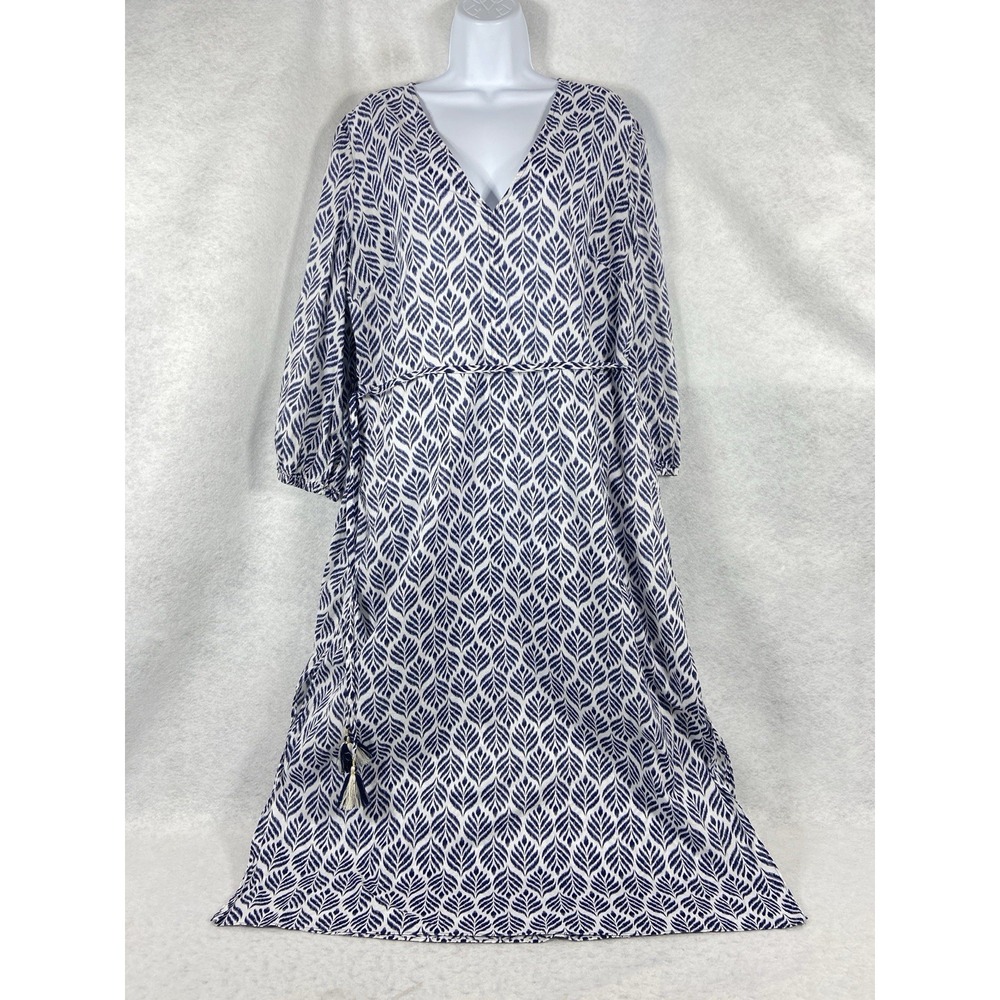 Boden Maxi Dress Women's 16/18 Blue Cover Up Long Sleeve Slit Floral V-Neck
